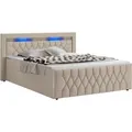 Juskys Boxspringbett Leona Samt 180x200 cm in Beige – mit LEDs, Topper & Federkern-Matratzen - Beige