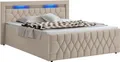 Juskys Boxspringbett Leona Samt 180x200 cm in Beige – mit LEDs, Topper & Federkern-Matratzen
