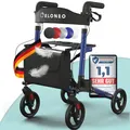 ELONEO Rollator faltbar und leicht mit Sitz, Leichtgewicht-Reiserollator aus Aluminium, Gehhilfe 8-fach höhenverstellbar, Laufhilfe 3-fach faltbar für Kofferraum, Tasche & Schirmhalter Blau