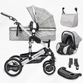 3 in 1 Kombi-Kinderwagen inkl. Babyschale, Buggy, Jogger mit Wickeltasche, Moskitonetz, Regencover, Spieltisch, Autoschale Fußsack, QuickFold, Aluminiumrahmen (Silber - grau/kariert)