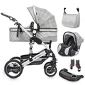 VESKA Kombi-Kinderwagen 3in1 inkl. Babyschale, Buggy, Jogger, mit Wickeltasche, Ess&Spieltisch, Moskitonetz, Regencover, Autoschale Fußsack, Aluminiumrahmen