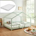 [en.casa] Kinderbett Treviolo mit Matratze 120 x 200 cm Hausbett Holzbett für Kinder mit Rausfallschutz Montessori Bettgestell mit Lattenrost Spielbett Kiefernholz Mintgrün/Weiß
