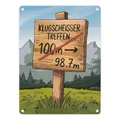 Klugscheisser Treffen Metallschild in 15x20 cm für Besserwisser Humorvolle Illustration und rote Pfeile auf Holzschild 100m Richtung Besserwisser-Treff