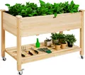 COSTWAY Hochbeet mit Ablagefach, Erhöhtes Gartenbeet aus Holz, Pflanzkasten mit feststellbaren Rädern und Schutzfutter, Gemüsebeet Kräuterbeet groß für Balkon, Garten und Terrasse, 120 x 59 x 84 cm