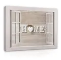 WallArena - Leinwand Bilder - Fensterbilck Fenster Herz Home Holzoptik - 100x75 cm Leinwandbilder - Bild auf leinwand Wandbild XXL groß Wandbilder für Wohnzimmer Schlafzimmer Wohnzimmerbilder Modern
