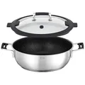 RÖSLE SILENCE PRO ProResist Servierpfanne, Antihaft & Robust - Ø 28 cm, Hitzebeständig bis 160 °C, Keramikversiegelung, silbern, Edelstahl 18/10, spülmaschinengeeignet mit Deckel