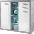 Highboard HBZ "Stone weiß Hochglanz, Wohnzimmerschrank BxHxT 137x134x37 cm", grau (beton, weiß), B:137cm H:134cm T:37cm