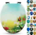Sanfino® Premium WC Sitz "Butterfy Meadow" hochwertiger Toilettendeckel mit Absenkautomatik aus Holz, viele bunte Motive, einfache Montage