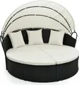 COSTWAY Sonnenliege Rattan, Gartenliege mit Kissen & einziehbarem Baldachin, Sonneninsel für 2-3 Personen 187x180x157cm