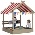 Outsunny Sandkasten mit Dach, Sandkiste aus Holz mit Sitzplatz, Spielhaus, 124 x 116 x 146 cm Sandbox mit Tafel für 3-7 Jahre Kinder, Garten, Grau