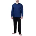 Moonline Pyjama Schlafanzug lang, 100% Baumwolle mit V-Ausschnitt und Streifen-Design blau XXL