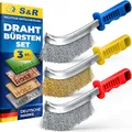 S&R 3-teiliges Hand-Drahtbürsten-Set: Edelstahl-, Messing- und Stahlbürsten für Metall, Holz, Rost, Entgraten und Schweißnaht-Reinigung – Ergonomische, schmale Handbürsten für Werkstatt & DIY-Projekte