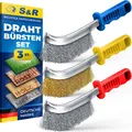 S&R 3-teiliges Hand-Drahtbürsten-Set: Edelstahl-, Messing- und Stahlbürsten