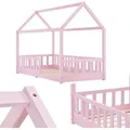 Juskys Kinderbett Marli 90 x 200 cm - Rausfallschutz, Lattenrost & Dach - Holz Rosa - Rosa