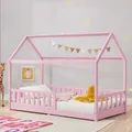Juskys® Kinderbett Marli 90 x 200 cm mit Rausfallschutz, Lattenrost und Dach - Massivholz Hausbett für Kinder - Bett in Rosa