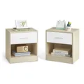 VASAGLE Nachttisch, 2er Set, Beistelltisch, mit Schublade, Griff, offenes Fach, Couchtisch, für Schlafzimmer, Wohnzimmer, naturbeige-klassikweiß LET819T67