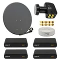 Premium X Satelliten-Komplettanlage 4 Teilnehmer 60cm Antenne Anthrazit SAT Quad LNB 50m Antennenkabel 4x HD TV Sat-Receiver