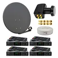 Premium X Satelliten-Komplettanlage 4 Teilnehmer 60cm Antenne Anthrazit SAT Quad LNB 50m Antennenkabel 4X HD TV Sat-Receiver