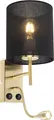 Qazqa Retro Wandleuchte mit Schirm und Lesearm, Wandlampe - Stacca - Schwarz Gold, max. 40W, Geeignet für LED, 2-flammig, 47cm, Ideal als Schlafzimmerlampe