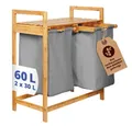 Lumaland Ausziehwäschekorb Bambus mit 2 ausziehbaren Wäschesäcken 73x64x33cm, Wäschesammler mit Deckel, Pflegeleichtes Material,  leicht abwischbar