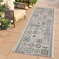 TAPISO Melissa Teppich Läufer Flur Outdoor Indoor Grau Schwarz Modern Mosaik UV-beständig Wetterfest Balkon Terrasse Wohnzimmer ÖKO-TEX 80 x 260 cm