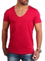 Young & Rich Herren Uni T-Shirt Basic mit extra tiefem V-Ausschnitt Slimfit deep V-Neck Stretch dehnbar 1315, Grösse:XXL, Farbe:Rot