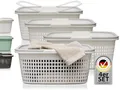 Hausfelder Wäschekorb mit Henkel 4er Set, Wäschekörbe Kunststoff weiß stapelbar 35L, Wäschewanne Plastik BPA-frei 58x37x25cm (4 Stück)