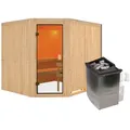 Karibu Woodfeeling Sauna Horna - 68 mm Aktionssauna Bronzierte Ganzglastür Ohne Dachkranz 9 kW Ofen integr. Steuerung