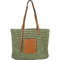 styleBREAKER Korbflecht Schultertasche aus Papierstroh mit Kunstleder Details | Damen Shopper Basttasche geflochten mit Reißverschluss | Strandtas... - Grün