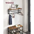 VASAGLE Wandgarderobe Wandregal mit 5 abnehmbaren Haken, Hängeregal mit Hängestange - Schwarz/Braun