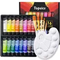 Topsics 36ML Acrylfarben Set, 16 Tuben 36ml Acryl Farben Bastelfarbe Set mit 5 Pinseln und 1Mischpalette, NON-TOXIC AcrylfarbenSet für Anfänger, Acrylic Paint für Papier, Stein, Holz