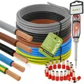 INVOLT H07V-K 10 mm2 Stromkabel Set,  5x 5m Einzeladern, Schwarz/Blau/Braun/Grau/Grün-Gelb, mit 100 Aderendhülsen und Spannungsprüfer