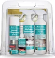 HOTREGA Küchenpflege-Set Hochglanz | Küchenfronten Reiniger, Edelstahl Pflegespray, Glaskeramikreiniger, Küchen-Totalreiniger + Premiumtuch sensitive