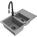 Mexen Gaspar 1,5-Becken-Granitspüle mit Abtropffläche und Mischbatterie Savita, Grau - 6507-71-672601-70-B - Grau