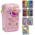 Goldkids - Federmäppchen 3 Fächer - Mäppchen für Mädchen - Federmappe 3-Fach Federtasche Gefüllte Schüleretui Schulmäppchen und Hausaufgabenheft - Fluffy Unicorn