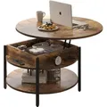 FABATO Runder Couchtisch mit anhebbarer Tischplatte, Stauraum, verstecktem Fach. Landhausstil, 2 Ebenen, rustikal braun - Braun