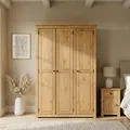 Kleiderschrank CANCUN aus Massivholz, gebeizt/gewachst - Schlafzimmerschrank mit Kleiderstange, verstellbare Einlegeböden, rustikaler Landhausstil, Kiefernholz und Griffe aus Metall