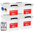 ATHLON TOOLS 4x 20 L Aufbewahrungsboxen mit Deckel, lebensmittelecht - Verschlussclips - 100% Neumaterial Plastik-Box transparent - Transparent