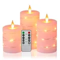 Da by 3 Stück Rosa Paraffin LED Kerzen mit Kupferlichtkette, Realistische Flackerflamme, Batteriebetriebene Premium Kerzen mit Fernbedienung, Wiederverwendbar für Wohn- und Festdekoration