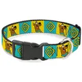 Scooby DOO Hundehalsband, Kunststoffschnalle, Scooby DOO Pose und Erkennungsmarke, Blöcke, Gelbblau, 33 bis 43 cm, 3,8 cm breit