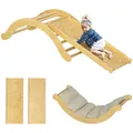 AIYAPLAY 4-in-1 Montessori Klettergerüst Indoor Holz Kletterdreieck mit Kletterbogen, Rutsche & Matte Indoor Spielplatz für Kleinkinder und Kinder 1,5-4 Jahre, Naturholz