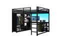 SOFTWEARY Hochbett mit Schreibtisch, LED-Streifen, Kleiderschrank (160x200 cm, mit Regal, Leiter und Lattenrost) Kinderbett mit Rausfallschutz, Metallbett