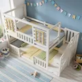 MODFU Etagenbett Kinderbett 90x200 mit Treppenschrank Holzbett mit Holzfenstern und Lattenrost inklusive mit zwei Matratze Weiß