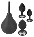 4-tlg  Anal Set mit 1 Anal Dusche  3 Anal Plug Silikon schwarz Schmuckstein