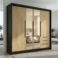 Geräumiger vier-türiger Kleiderschrank VIVO mit Schubladen und Metallgriffen – modernes Design - Schwarz/Braun