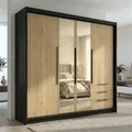 A&J MöbelLand VIVO Kleiderschrank 4-türig mit Spiegel und Schubladen – 200 x 215 cm – Drehtürenschrank mit Kleiderstange und Einlegeböden