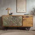 FineBuy Sideboard Sheesham Massivholz 150x40x55 cm Kommode mit 2 Türen & 3 Schubladen Stauraum Anrichte mit Fronten in 3D Steinoptik Möbel Wohnzimmer