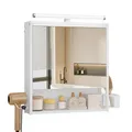 EUGAD Badezimmerschrank mit LED-Beleuchtung, Badezimmerschrank mit Spiegel, Badschrank hängend, mit Verstellbarer Ablage, Halter Korb, Metall MDF, Weiß, 56x13,5x65 cm