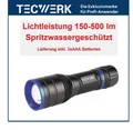 TECWERK LED Taschenlampe 150-500 lm Aluminiumgehäuse spritzwassergeschützt 170m