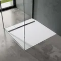 doporro Duschtasse Duschwanne 70x70x4 flach Mineralguss in Weiß DIN-Anschlüsse für bodenebene Montage geeignet Geoma04